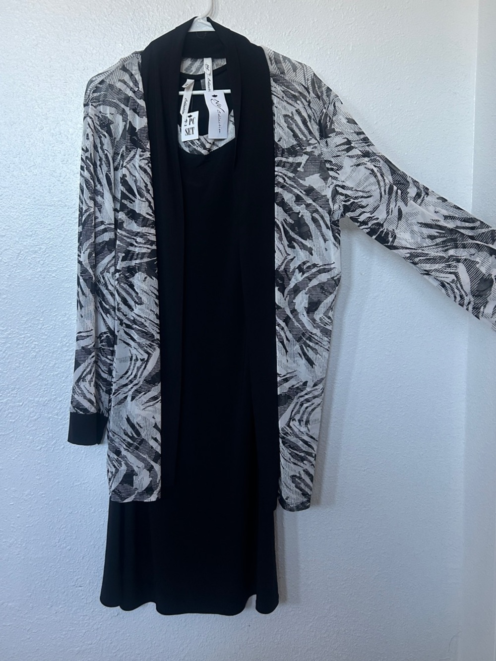 Black Dress with Monochrome Printed Cardigan - Women